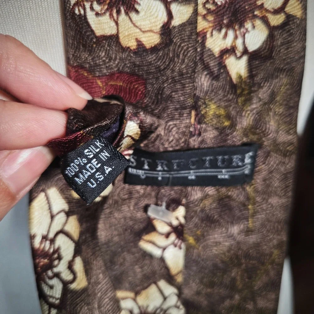 Structure Silk Tie Brown Floral Print Vintage 90s Retro Mens Necktie Made in USA